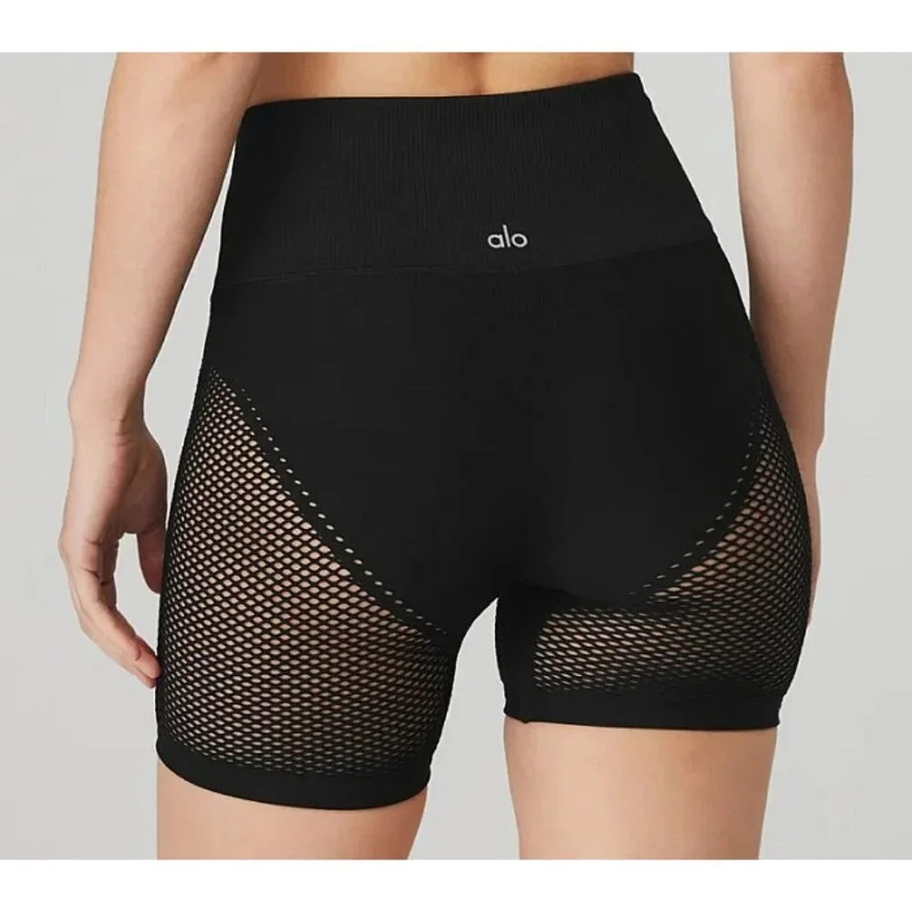 Alo Seamless High-Waist Limitless Open Air Shorts Black Edgy Sheer Mesh Cut-Outs